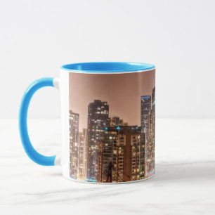 Snow falls over skyline at evening in Chicago Mug