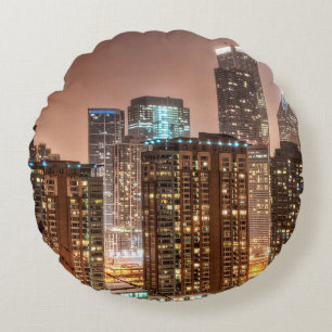 Snow falls over skyline at evening in Chicago Round Pillow