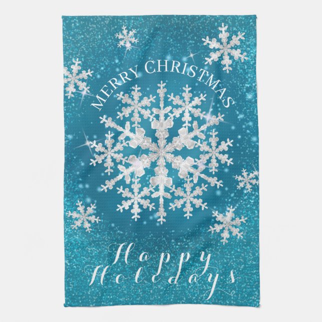 Snow Flakes Aqua White Kitchen Towel (Vertical)