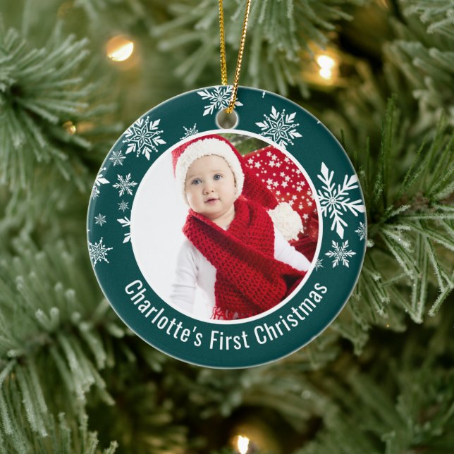 Snow Flakes Frame Baby's First Christmas Photo Ceramic Ornament (Tree)