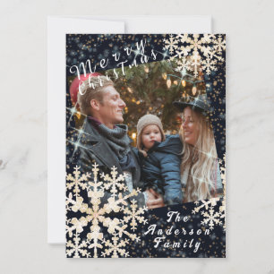 Snow Flakes Photo Black Gold Holiday Card