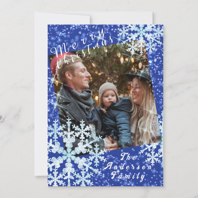 Snow Flakes Photo Blue Holiday Card (Front)