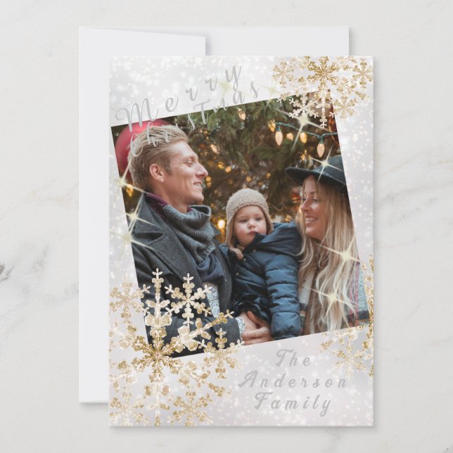 Snow Flakes Photo White Holiday Card (Front)