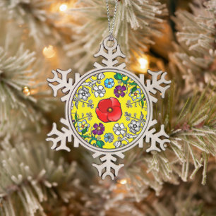 Snow Flocon Snow Flowers with poppy Snowflake Pewter Christmas Ornament