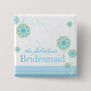 Snow Flower Swirls Blue Bridesmaid Custom Button
