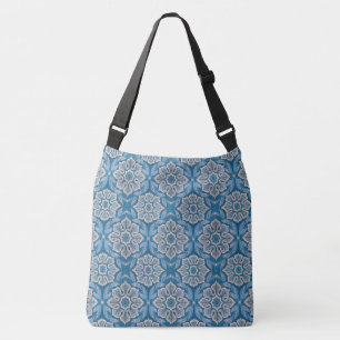 Snow Flowers, vintage bohemian design blue & grey Crossbody Bag
