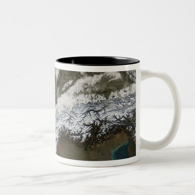 Snow, fog, and low clouds in western Europe Two-Tone Coffee Mug (Right)
