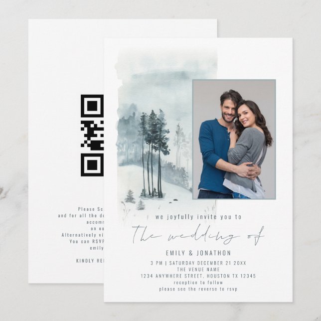 Snow Forest Photo Elegant Script Winter Wedding Invitation (Front/Back)