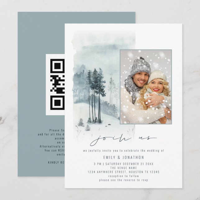 Snow Forest Photo Join Us QR Code Blue Wedding Invitation (Front/Back)