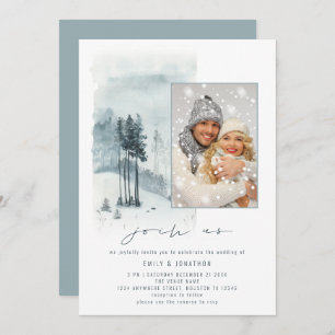 Snow Forest Photo Join Us QR Code Blue Wedding Invitation