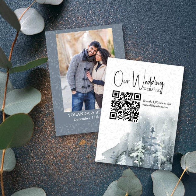Snow Forest Winter Wedding Website QR Code Enclosure Card (Wedding Website Card with photo and qr code from the Snow Forest wedding collection by Darling & May)