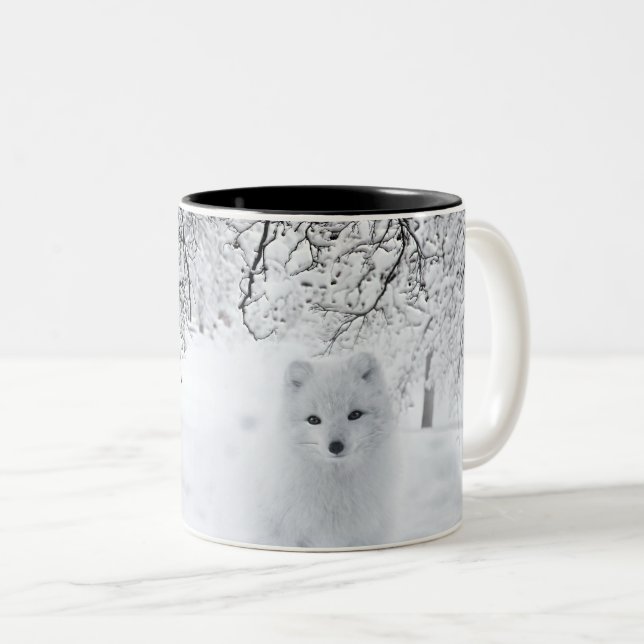 Snow Fox in Winter Woods Two-Tone Coffee Mug (Front Right)