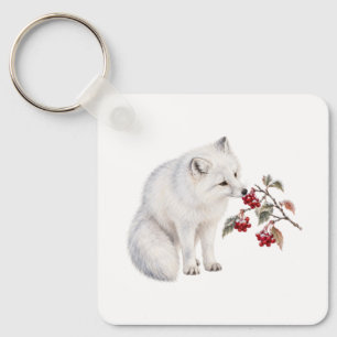 Snow Fox Sniffing Winter Berries Keychain