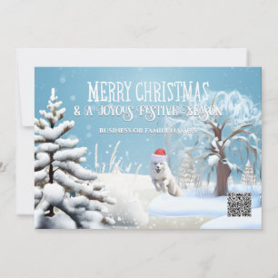 Snow fox wearing santa hat winter forest qr code  holiday card