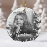 Snow Frame Minimal Black & White Photo Custom Name Ceramic Ornament<br><div class="desc">Simple,  elegant,  and minimal custom two black and white photo and name ornament. Personalize with one photo on the front and one on the back in black in white. Elegant magical snowy frame with a custom name in elegant script.</div>