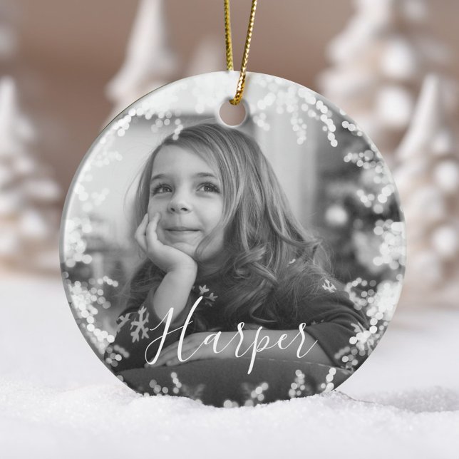 Snow Frame Minimal Black & White Photo Custom Name Ceramic Ornament (Snow Frame Minimal Black & White Photo Custom Name Ceramic Ornament)