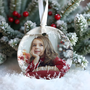 Snow Frame Minimal Two Photo Custom Name Script Ceramic Ornament