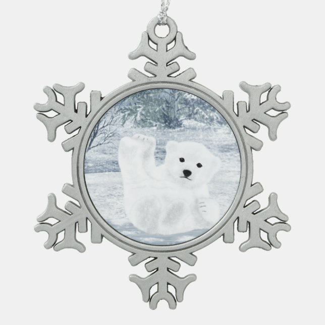 Snow Fun - Polar Bear Cub, Snowflake Pewter Christmas Ornament (Front)