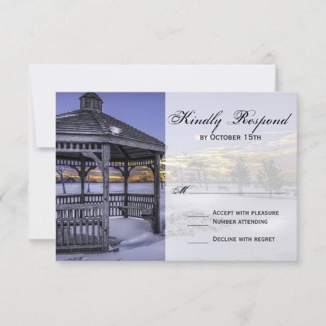 Snow Gazebo Tree Sunset Winter Wedding RSVP Cards (Front)
