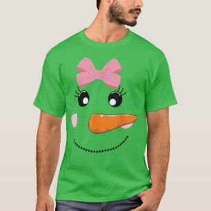Snow Girl  Snowman Face Carrot Nose Pink Bow  T-Shirt