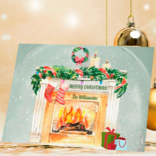 Snow Globe Christmas Fireplace Scene Name Year Holiday Card