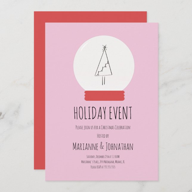 Snow Globe Christmas Party  Hand Drawn Tree  Invitation (Front/Back)