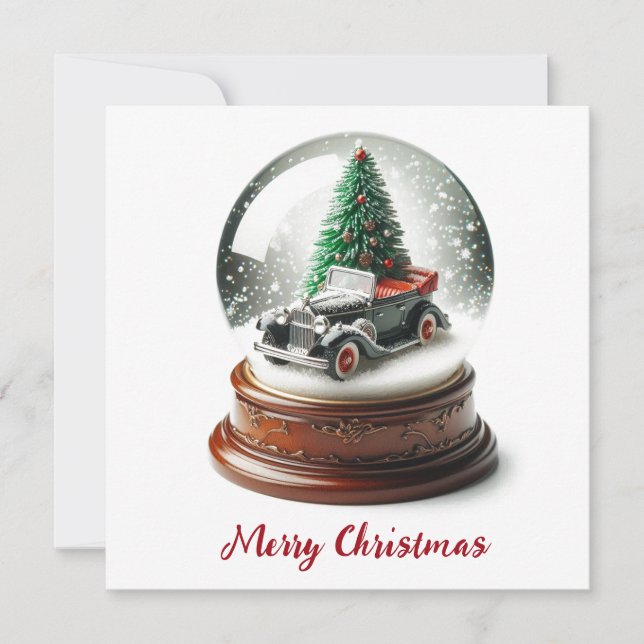 Snow Globe Christmas Tree Vintage Car Holiday Card (Front)
