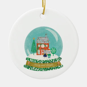 Snow Globe Christmas Village with Santa Bear Ceramic Ornament