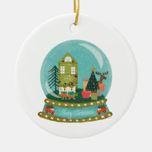 Snow Globe Christmas Village with Santa Deers Ceramic Ornament