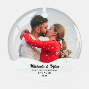 Snow Globe Effect 1st Christmas Engaged 2-Photo Metal Ornament