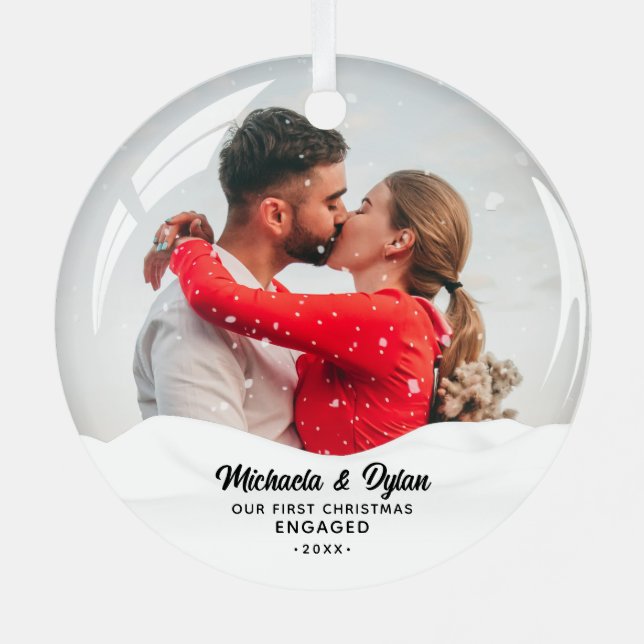 Snow Globe Effect 1st Christmas Engaged 2-Photo Metal Ornament (Back)