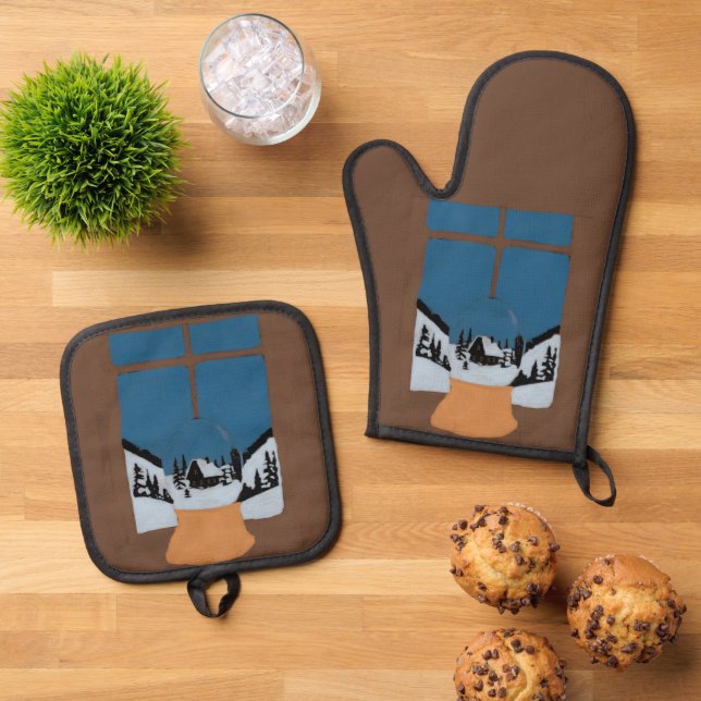 Snow Globe Kitchen Oven Glove Set (Top Down)