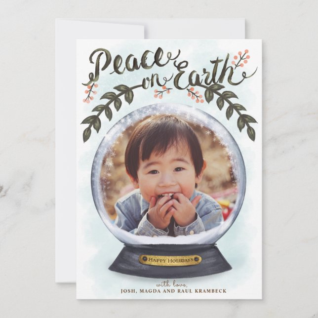 Snow Globe Peace on Earth Holidays Photo Card (Front)