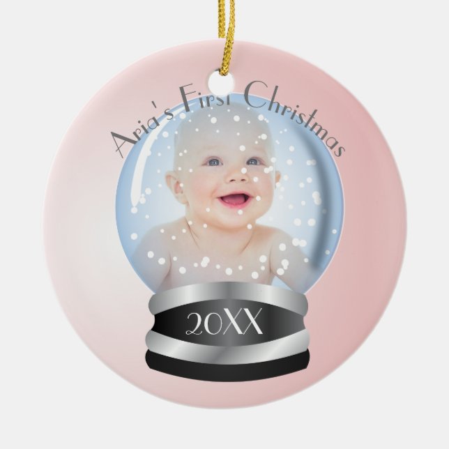 Snow Globe Pink Girl Baby's 1st Christmas Photo Ceramic Ornament (Front)