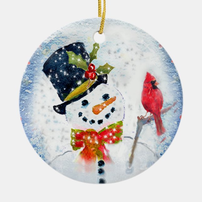 Snow Globe Snowman & Cardinal Ceramic Ornament (Front)