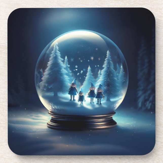 Snow Globe With 4 Small Elves And Snow Flakes Coaster (Front)