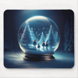 Snow Globe With 4 Small Elves And Snow Flakes Mouse Pad