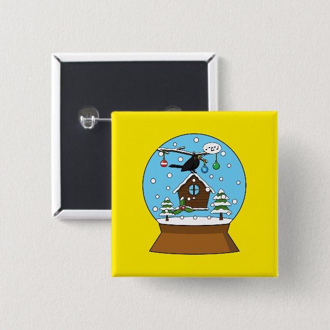 Snow Globe with Blackbird Singing 2 Inch Square Button (Front & Back)