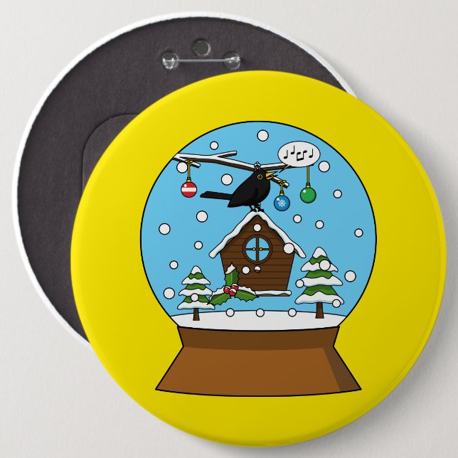 Snow Globe with Blackbird Singing 6 Inch Round Button (Front & Back)