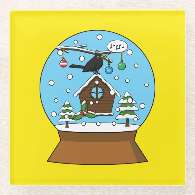 Snow Globe with Blackbird Singing Glass Coaster (Front)