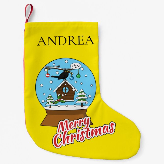 Snow Globe with Blackbird Singing | Personalize Small Christmas Stocking (Front)
