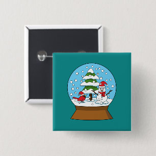 Snow Globe with Cardinal Snowman and Pine Tree 2 Inch Square Button