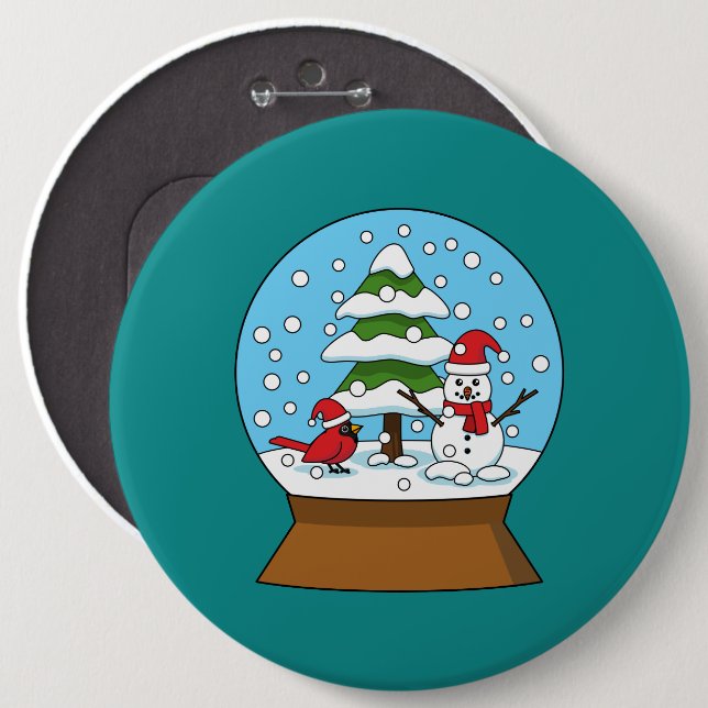 Snow Globe with Cardinal Snowman and Pine Tree 6 Inch Round Button (Front & Back)