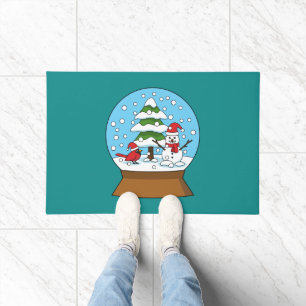 Snow Globe with Cardinal Snowman and Pine Tree Doormat