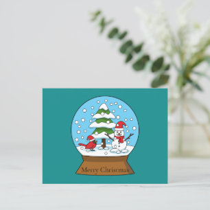 Snow Globe with Cardinal Snowman and Pine Tree Holiday Postcard