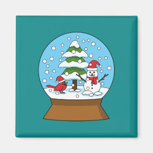 Snow Globe with Cardinal Snowman and Pine Tree Magnet