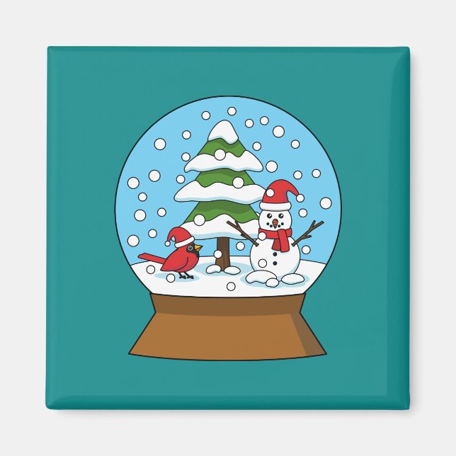 Snow Globe with Cardinal Snowman and Pine Tree Magnet (Front)