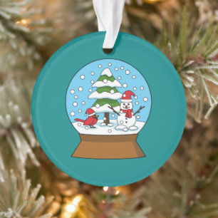 Snow Globe with Cardinal Snowman and Pine Tree Ornament