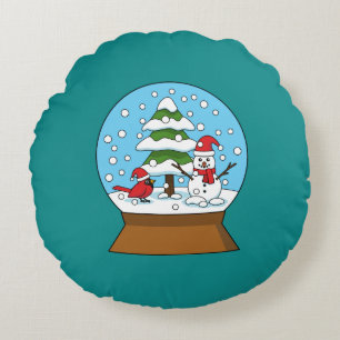 Snow Globe with Cardinal Snowman and Pine Tree Round Pillow
