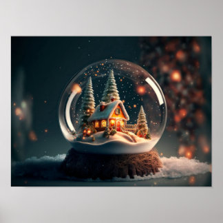 Snow globe with Christmas tree and house inside. Poster